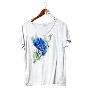 Laura Scott Womens XL Blue Striped Floral Hummingbird V-Neck Tee Short Sleeve Ca